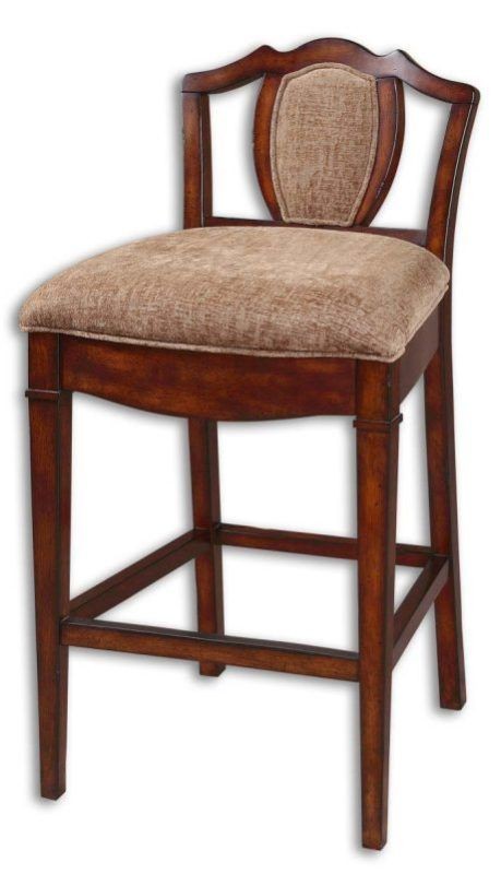 taupe upholstered low back hickory finish barstool 