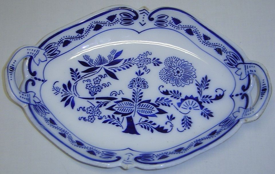 Antique Blue Onion Zwiebelmuster Transferware Handled Tray Platter 