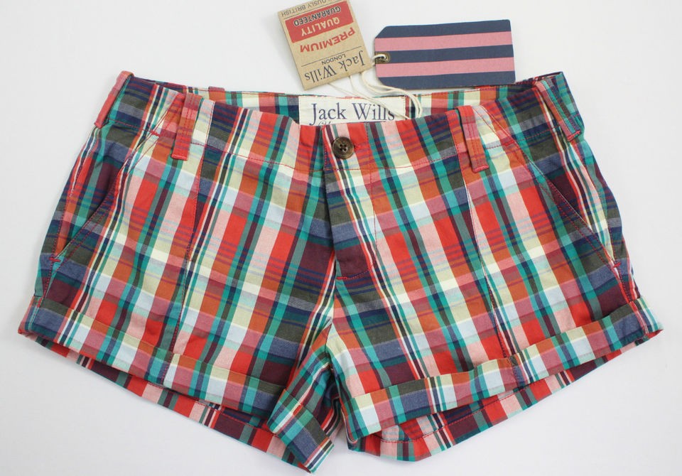 NEW JACK WILLS Womens Cudham Check Shorts (£49) Sz 8 10 12 Red Green 