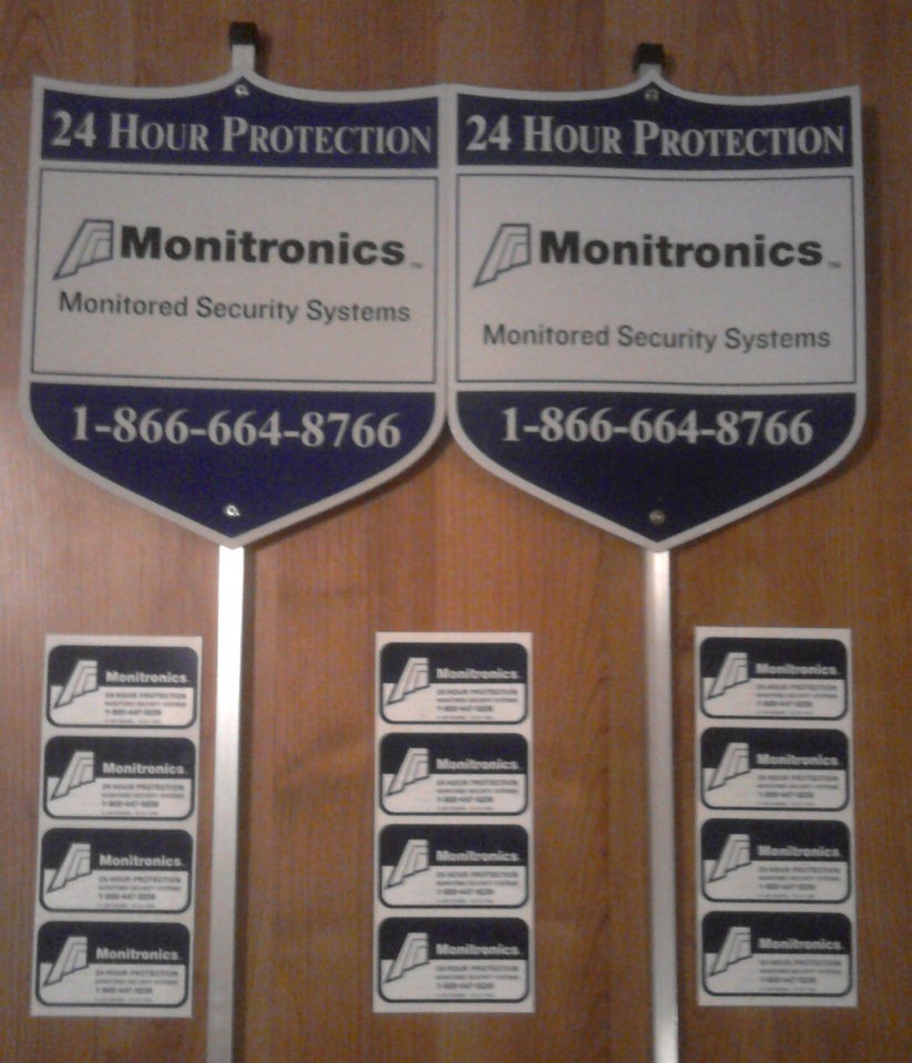   MONITRONICS SECURITY ALARM SYSTEM YARD SIGN & 18 WINDOW STICKERS