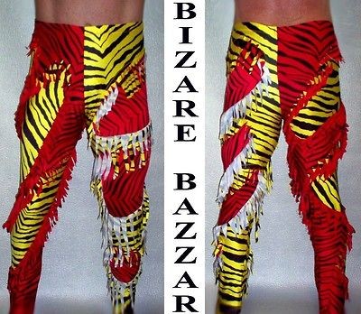 Newly listed Yellow Zebra & Red Zebra Fringed Insets Wrestling Tights.