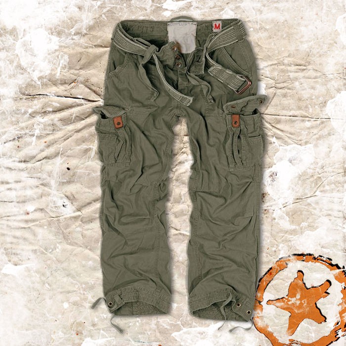 SURPLUS PREMIUM VINTAGE COMBAT CARGO PANTS OLIVE WITH BELT ARMY 