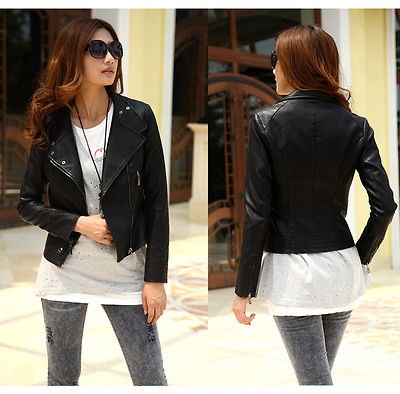 BE94 Black Lady Zipper Lapel Slim Faux PU Leather Long Sleeve Short 