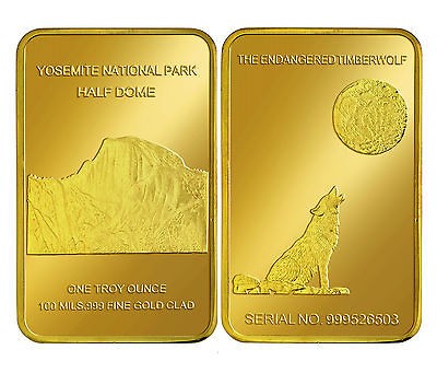   WOLF .999 24k FINE GOLD CLAD ONE TROY OZ YOSEMITE FULL MOON ART BAR