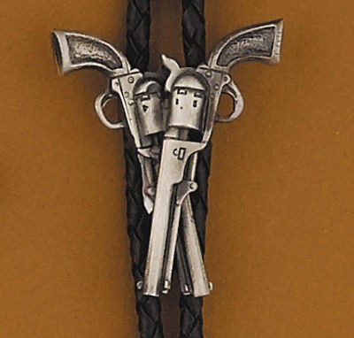 crossed guns bolo tie cord silver plated made in usa
