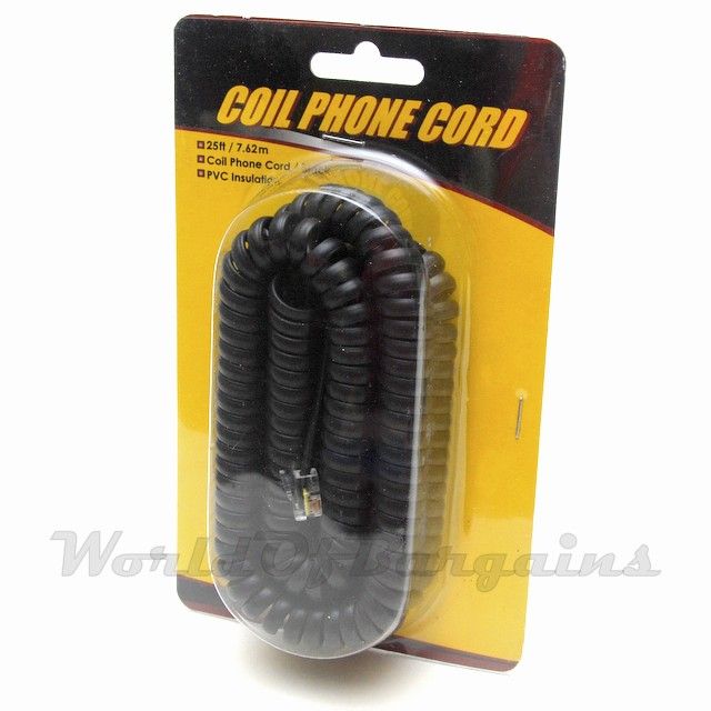 25 ft Telephone Cord Phone Handset Coil Black 4P4C Coiled Curly Cord 