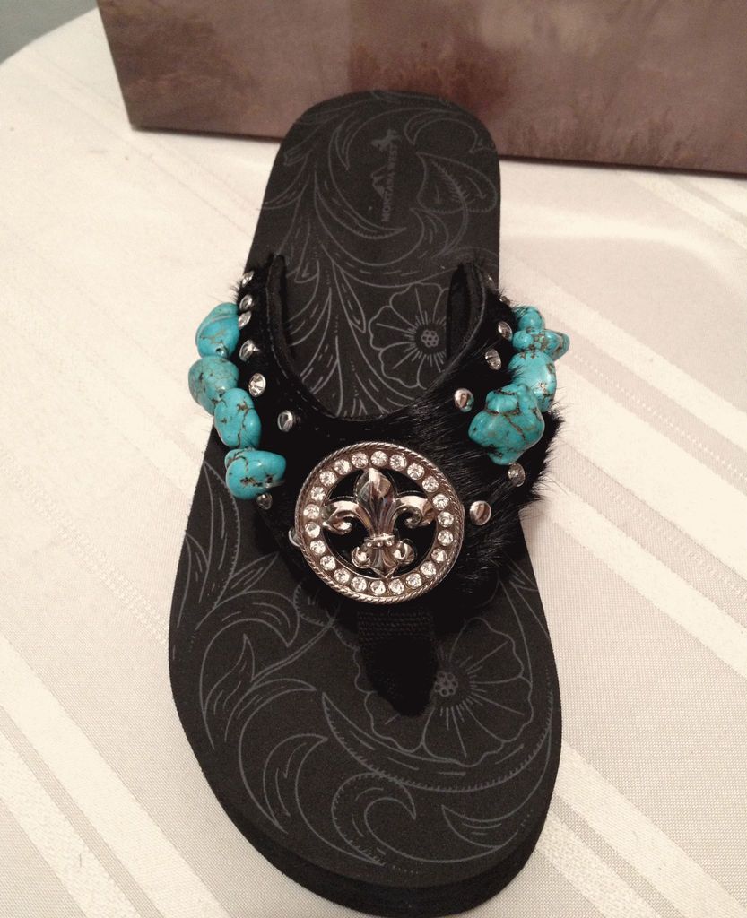 Montana West Rhinestone Bling Flip Flop Wedges, Black Turquoise Fleur 