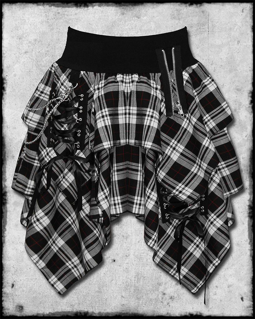 HELL BUNNY WHITE BLACK TARTAN PLAID GOTH PUNK CHAIN CORSET ZIP UNEVEN 