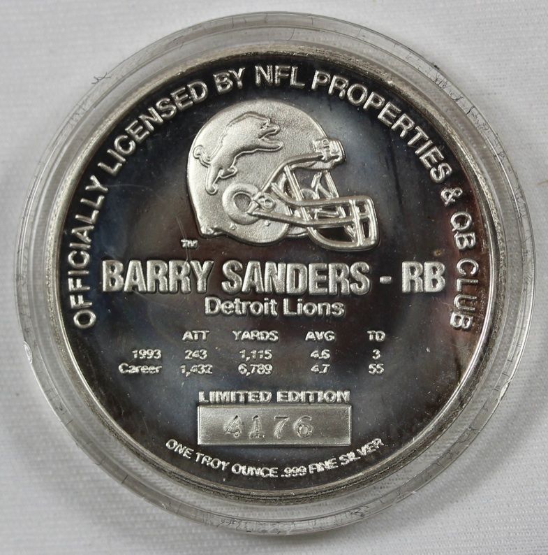 Barry Sanders Silver Medallion   1 oz. .999 Silver   Rare with CoA and 