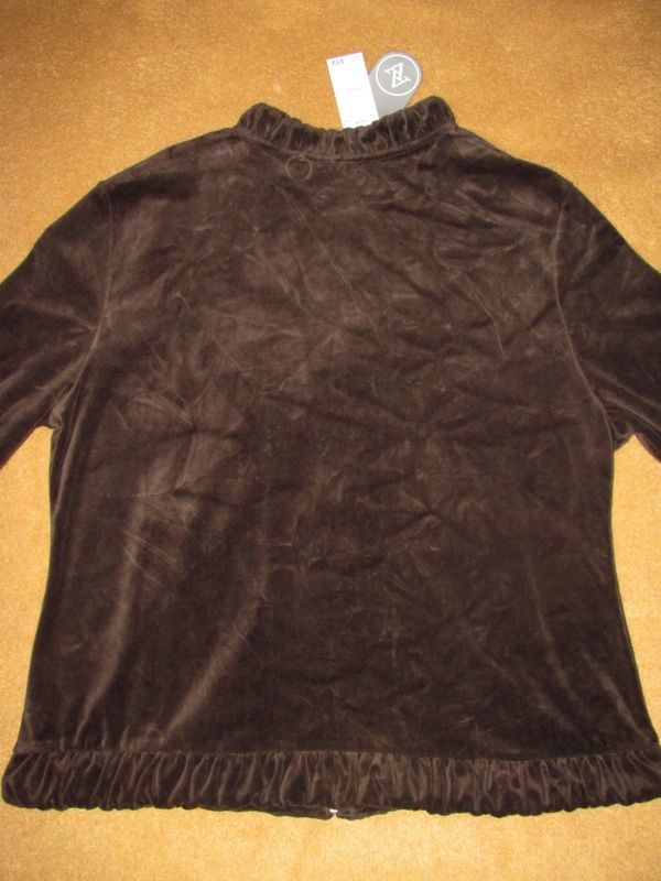 Adrienne Vittadini DK Brown Velour Zip Front Ruffle Hem Jacket Womens 