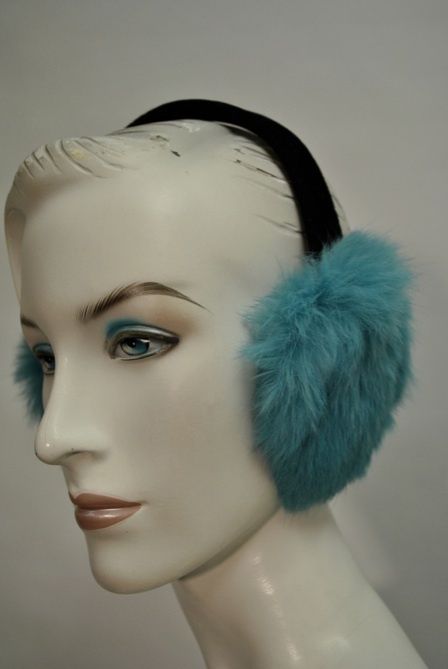 Adrienne Landau Turquoise Rabbit Fur Earmuffs NWT one sz Velvet Band