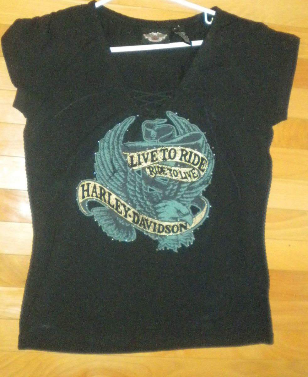LADIES HARLEY DAVIDSON LACE UP T SHIRT LARGE SEXY LIVE TO RIDE RIDE TO 