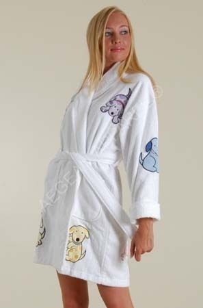 Aegean Puppy Appliqued Cotton Terry Short Bathrobe