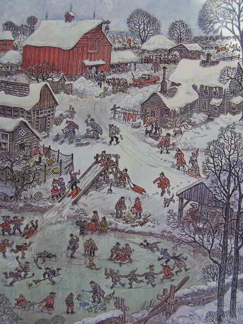 Vintage 40s Winter Farm Village Scene Fun by Lee Mero