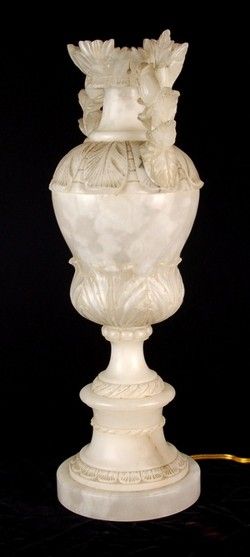 Italian Art Deco Alabaster Urn Lamp Heavily Carved Flowers