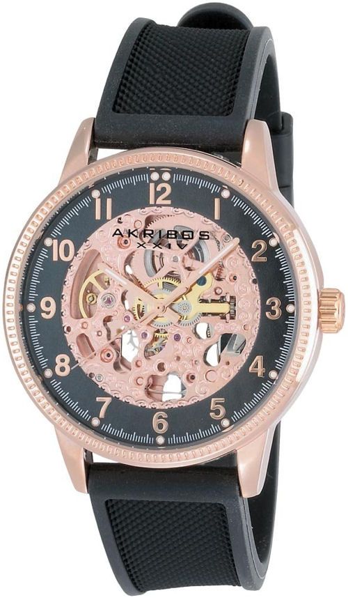 Akribos XXIV AK481RG Rose Coin Edge Skeleton Automatic Mens Sport 