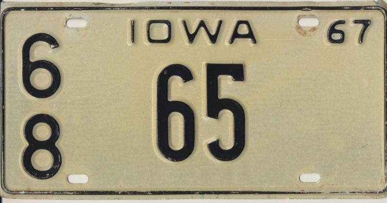   Iowa 1967 Good Low Number License Plate 65 Albia Monroe County 2 Digit