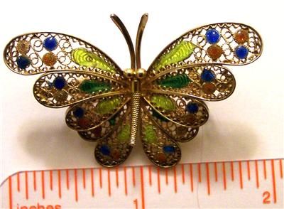 Vintage Italian Filigree 800 Silver Plique A Jour Enamel Butterfly 