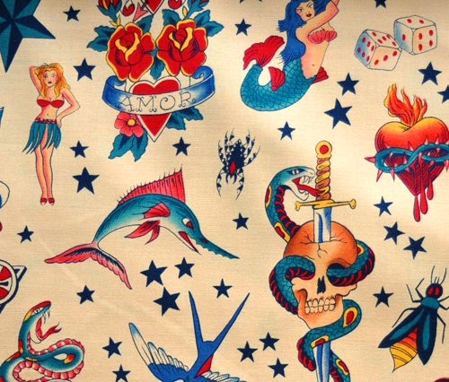 Alexander Henry Tattoo Fabric by The Yard Natural Rockabilly 