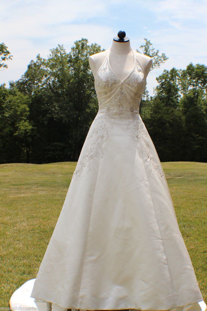 ALLURE WEDDING GOWN CANDLELIGHT SATIN WITH CRYSTAL BEADING HALTER SIZE 