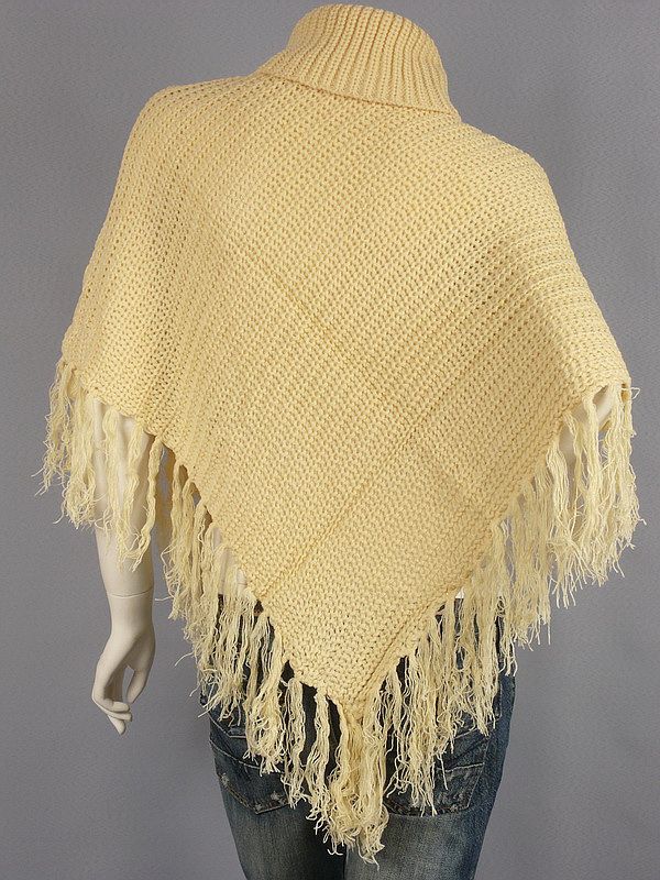 hippie almond asym fringes cable knit turtle neck poncho