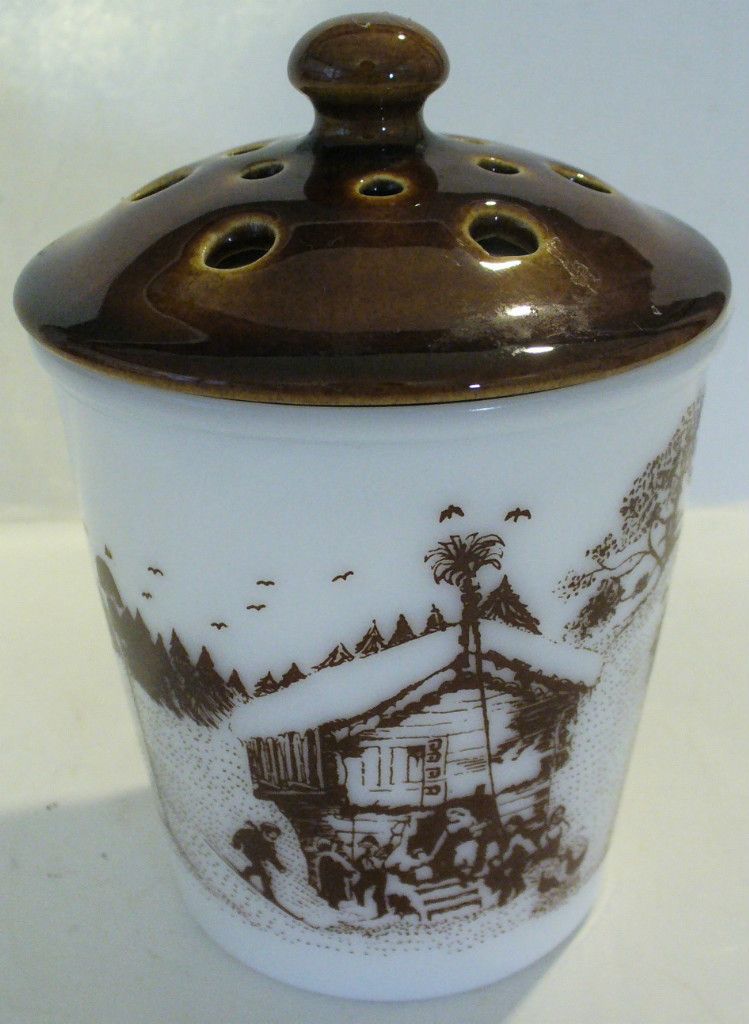 VINTAGE AMWAY WHITE MILK GLASS JAR W POTTERY LID WINTER SCENE