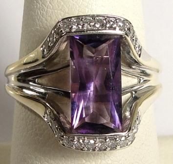 10K Gold Amethyst Ring Rectangle Diamond Size 7 White