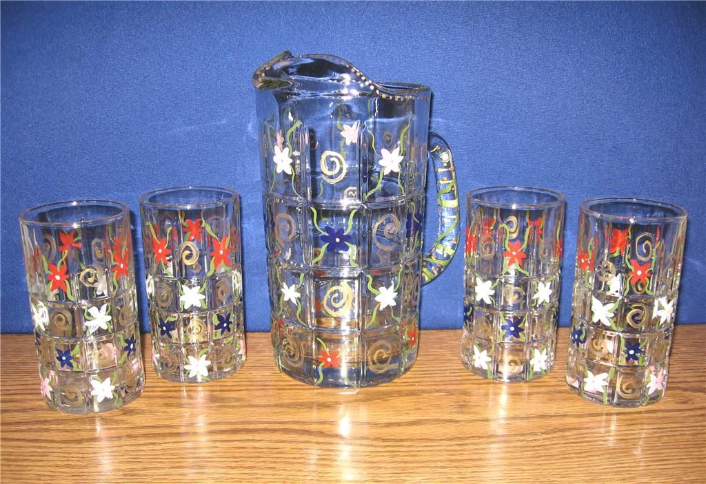 Anchor Hocking Tartan Pitcher 4 Glasses w Flowers