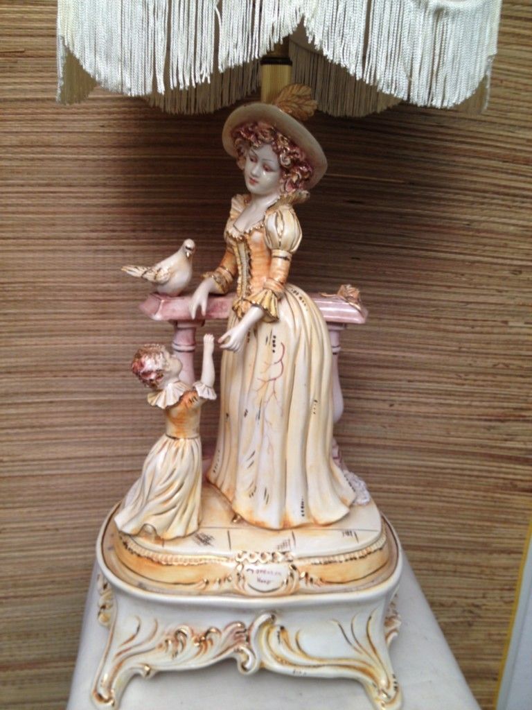    Italy Italian Porcelain Lamp Mother Child Girl Bird Capodimonte Er