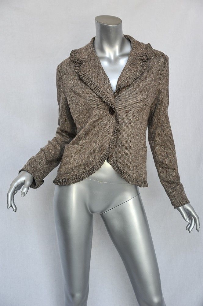 Anna Molinari Brown Tweed Ruffle Trim Lightweight Single Button Blazer 