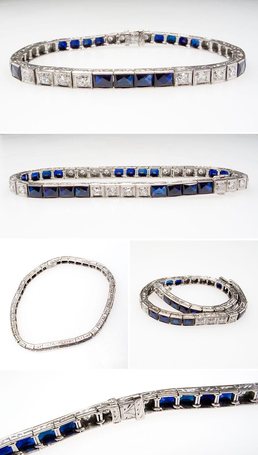 Antique Art Deco Diamond & Blue Sapphire Bracelet Solid 14K White Gold 