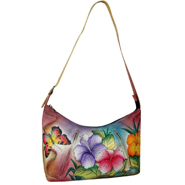 Anuschka Leather Medium Zippered Hobo Hand Painted Hawaiian Hibiscus 