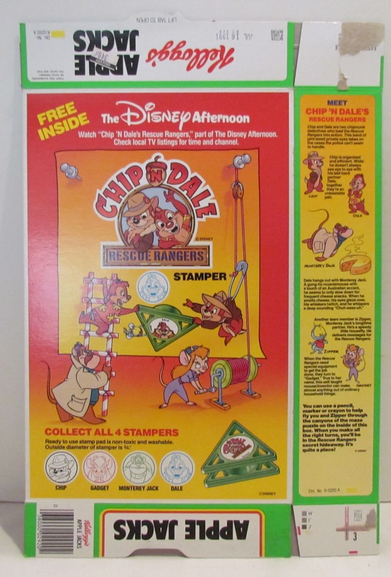 Kelloggs Apple Jacks Cereal Box 1991 Chip Dale Stamper OFFER on Back 