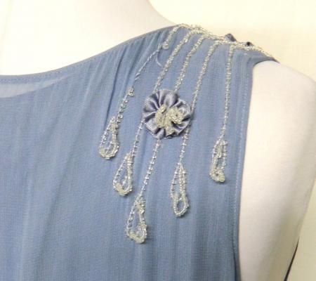 April Cornell Size M Rayon Chiffon Dusty Blue Dress Beaded Sweep Skirt 