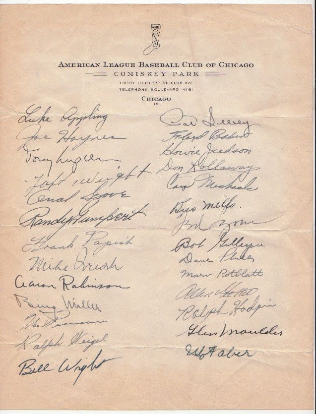    WHITE SOX TEAM SIGNED LETTERHEAD URBAN RED FABER TED LYONS APPLING