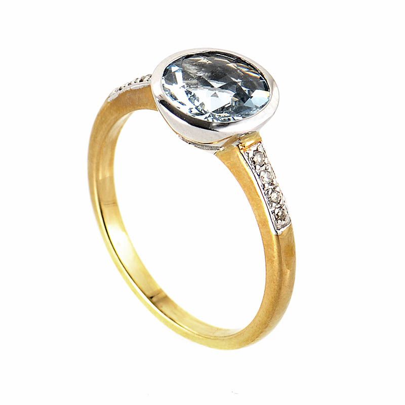 10K Yellow White Gold Diamond Aquamarine Ring