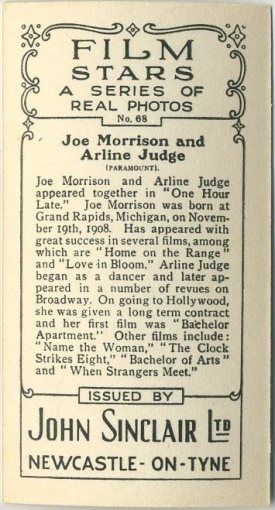 Arline Judge Joe Morrison 1937 Sinclair Tobacco Card