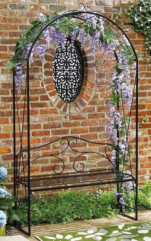 New Scrolling Black Metal Garden Canopy Trellis Arch Bench