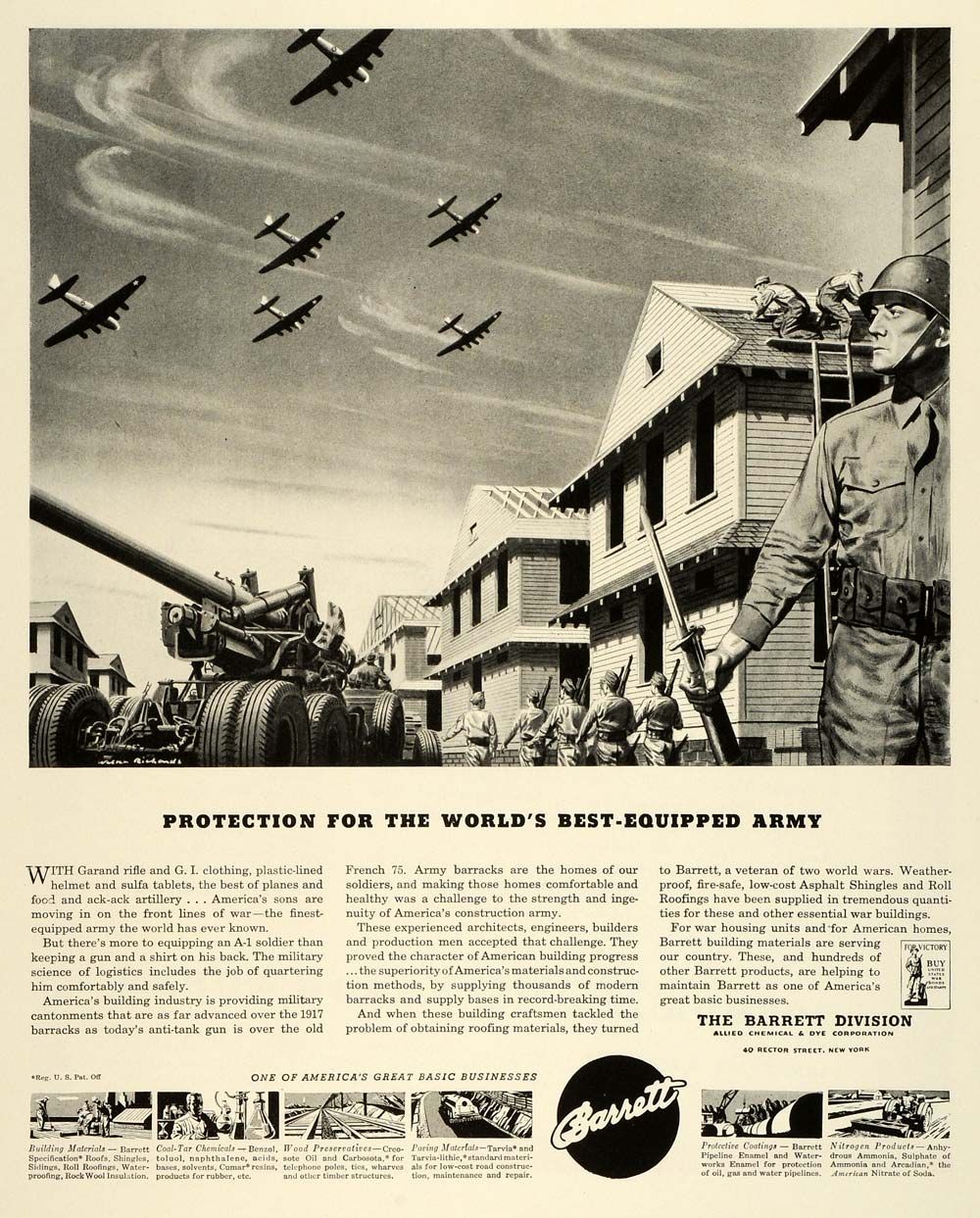 1943 Ad Barrett Asphalt Shingles Roll Roofing Army Barrack 