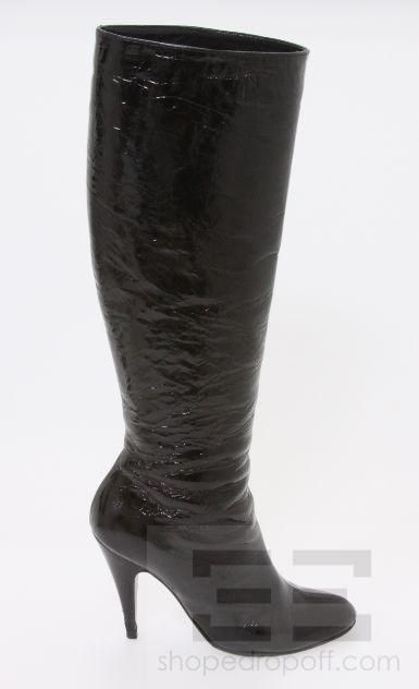 Brian Atwood Black Crinkled Patent Leather Knee High Heel Boots, Size 