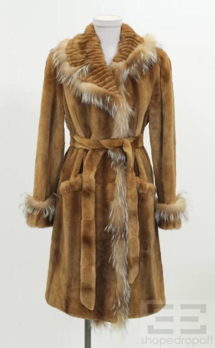 Aspen Fashions Light Brown Sheared Mink & For Fur Trim Belted Jacket 