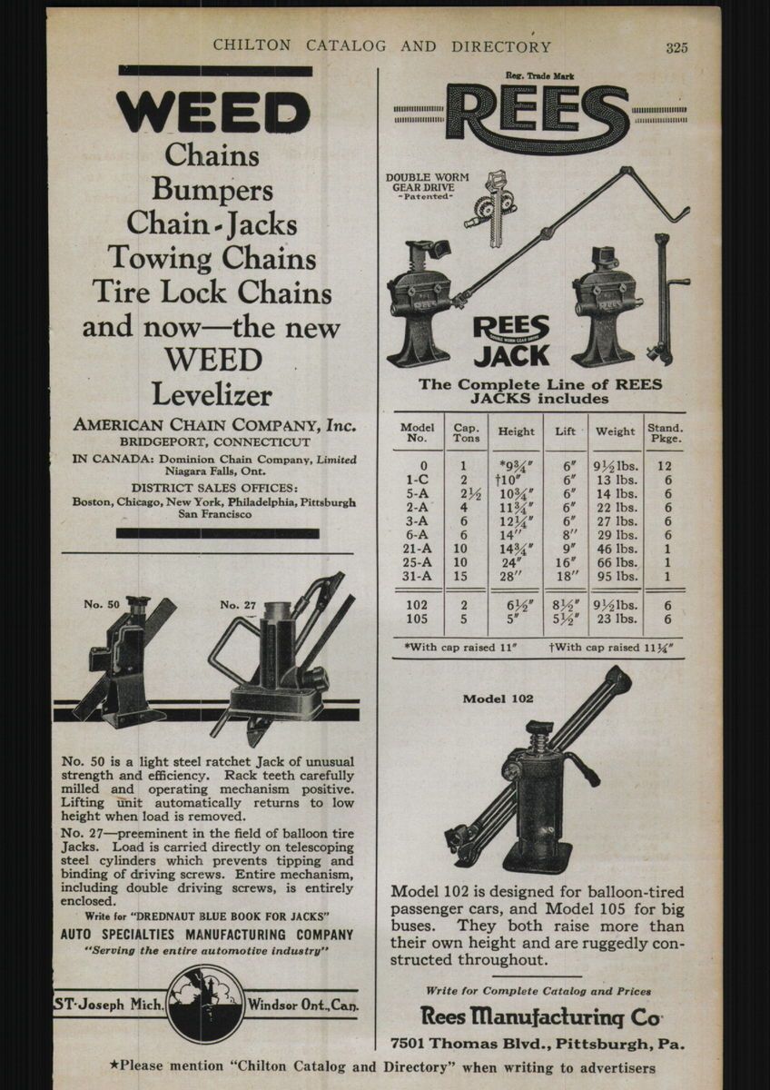 1926 Ad Weed Rees Manufacure Automobile Car Auto Jacks