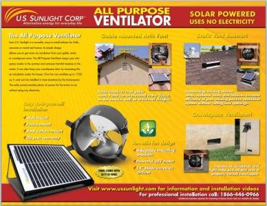 New Solar Powered Attic Fan All Purpose Ventilator US Sunlight 1010APV 