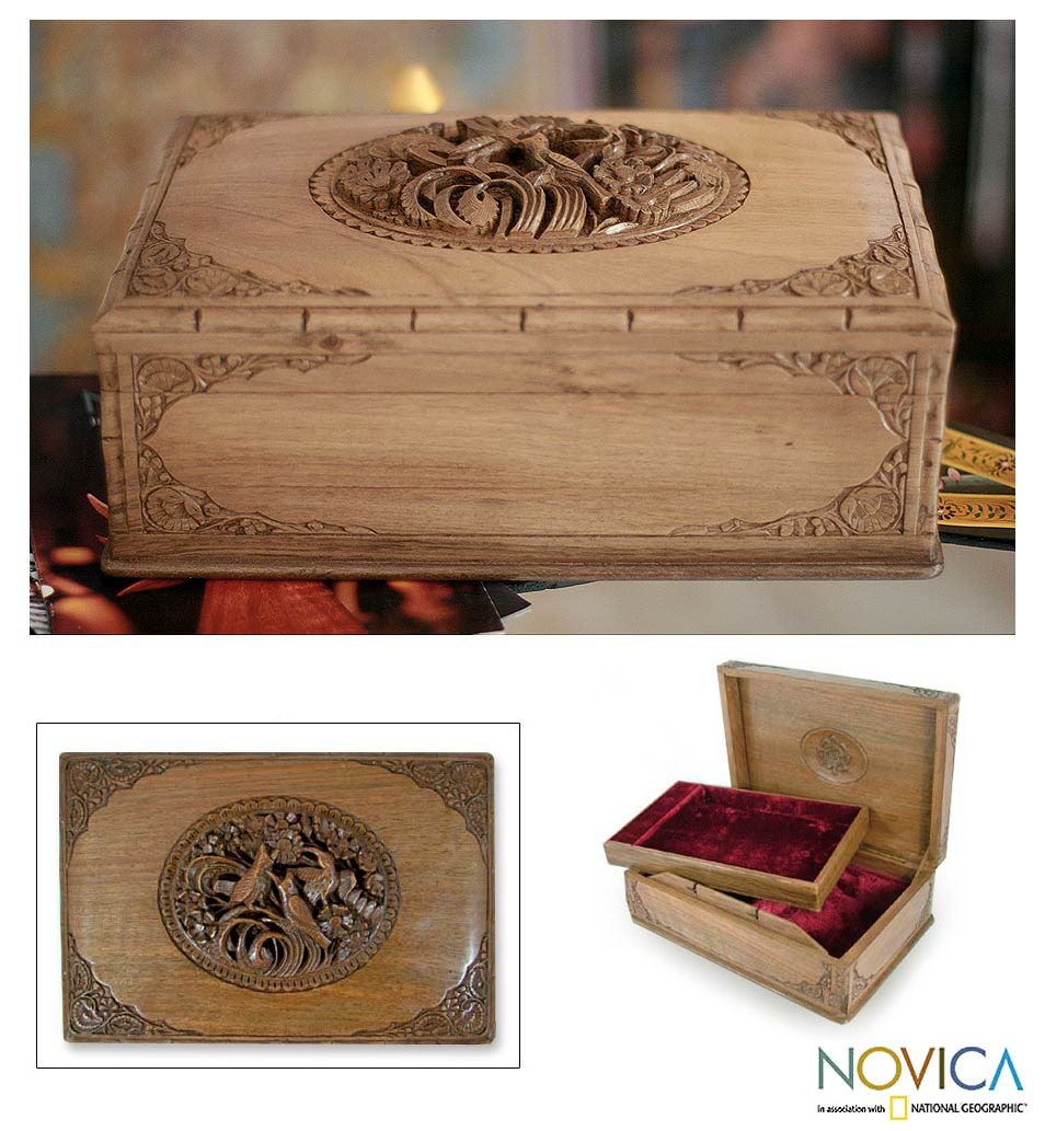 Song Birds in Spring Artist Hand Carved Walnut Wood Jewelry Box India 
