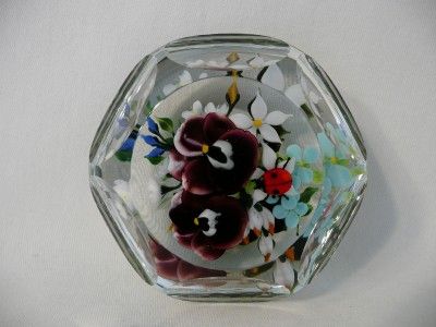 Signed Ayotte Pansies Ladybug 1988 L E Paperweight