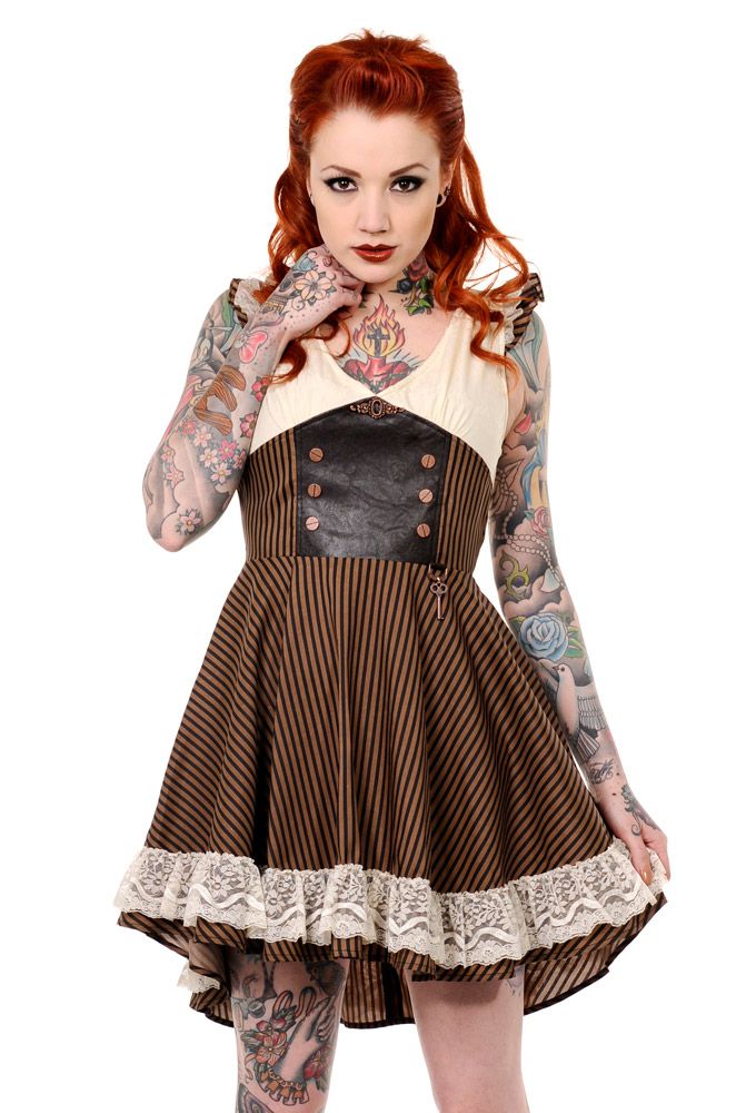 Banned Steampunk Brown Black Striped Lace Trim Key Faux Leather Dress 