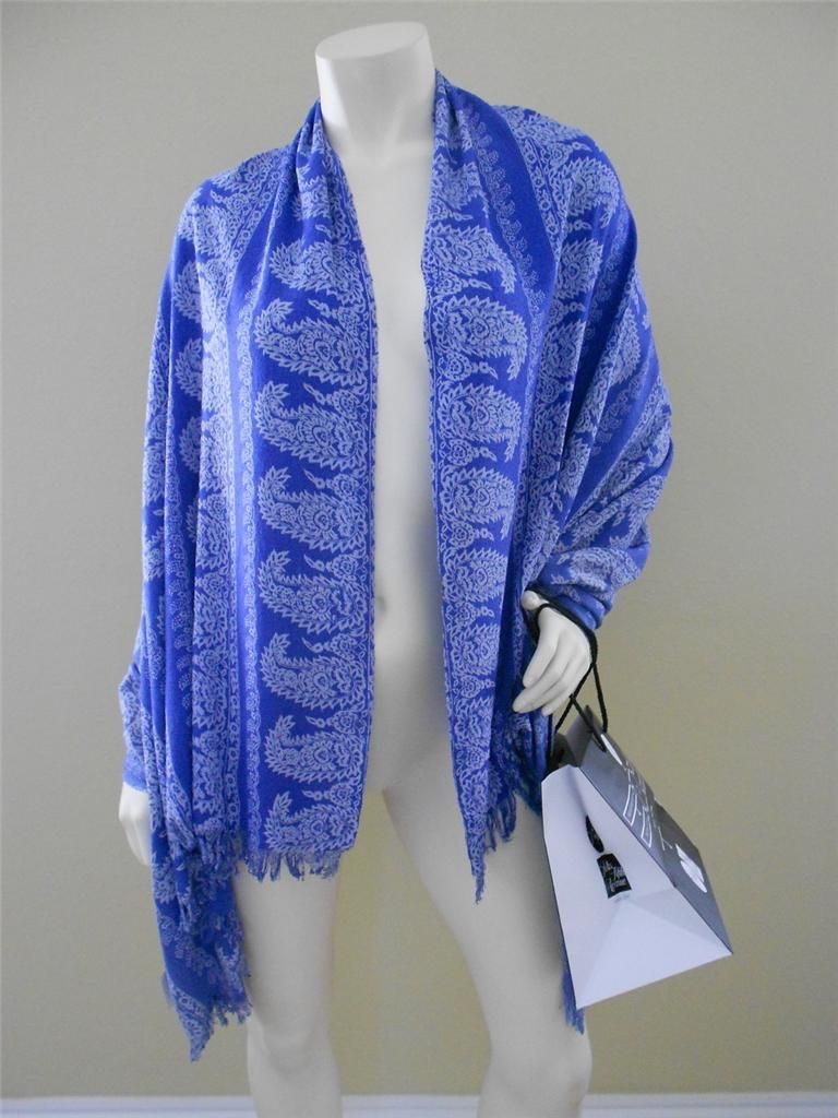Bajra Women $250 Silk Scarf Shawl Wrap Sarong Blue Paisley Print in 