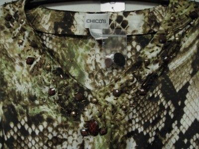 Chicos GLOWING PYTHON BALLAS TUNIC TOP ~ AVOCADO ~ CHICOS SIZE 1 