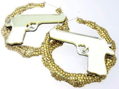   Gun Bamboo Rhinestone Hoop Earrings Rihanna Basketball Wives Poparazzi