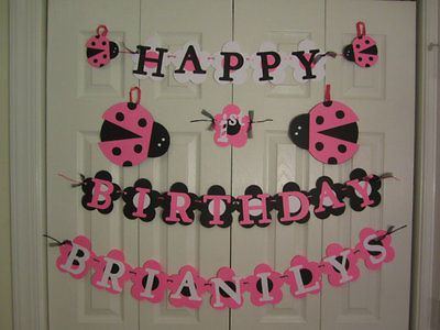 Lady Bug birthday banner pink and black personalized with name